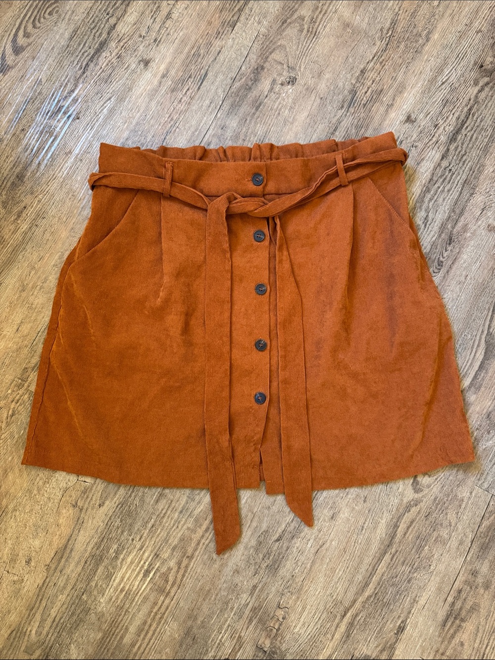 SHEIN Rust Orange Button-Front Paperbag Mini Skirt with Tie